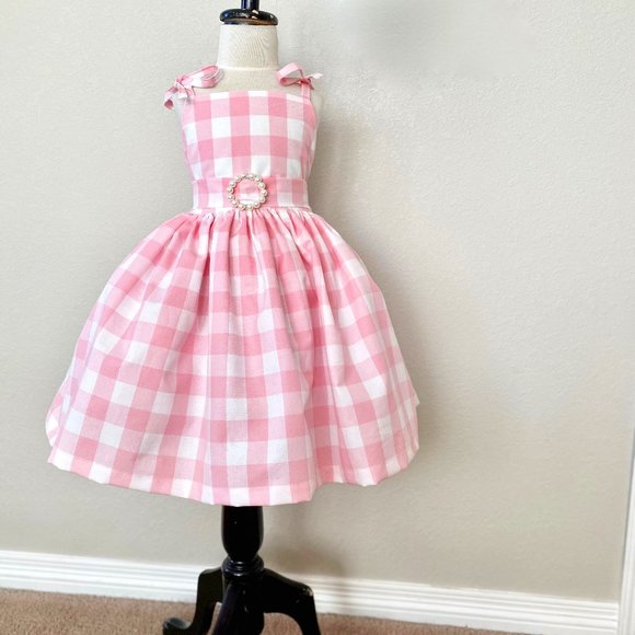 girls pink gingham dress with matching bow - Picture 2 of 5